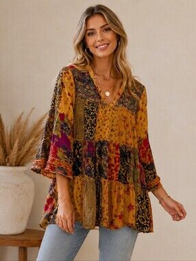 Young Threads Patchwork Boho Tunic Top Size Small Mustard Floral Mixed Print